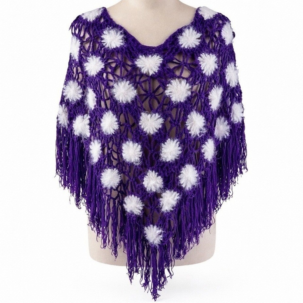 Chaudry Crochet Fringe Poncho Womens XS Purple White Festival Boho Deadstock NWT